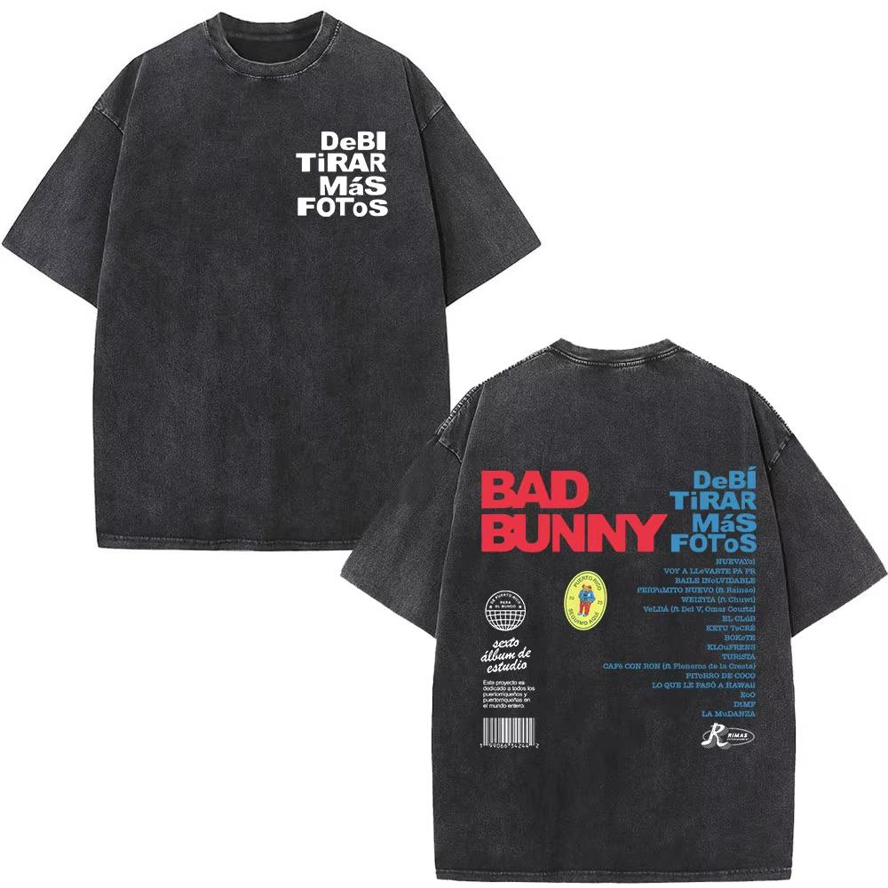 Rapper Bad Bunny T-shirt Debi Tirar Mas Fotos DTMF Album 2026 Washed Vintage T Shirt Men's Women Hip Hop Oversized Male T-shirts
