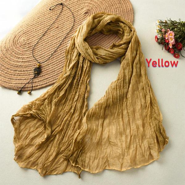 Women's Soft Long Scarf Scarves New Solid Color Cotton and Linen Versatile Pleated Scarf Ultra Long Silk Scarf Cape