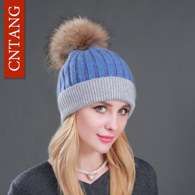 Classic Multiple Styles Women Beanie Winter Warm Fashion Raccoon Fur Pompom Hats Knitted Wool Cap Clearance Cheap High Quality