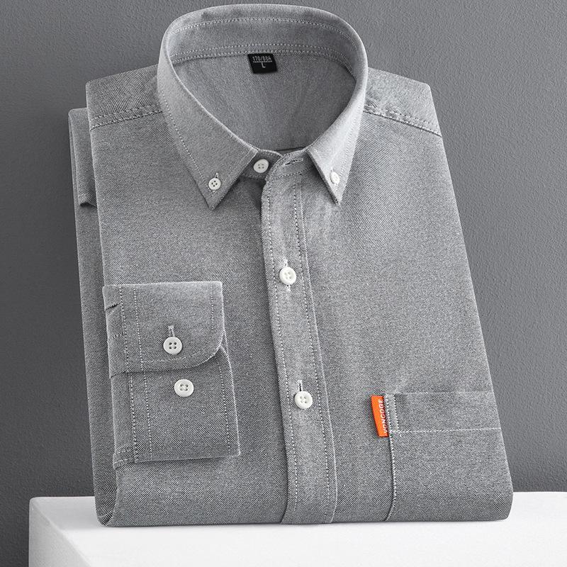 Men's Solid Color Oxford Cotton Yellow Button-Down Long Sleeve Shirt for Spring/Autumn Layering