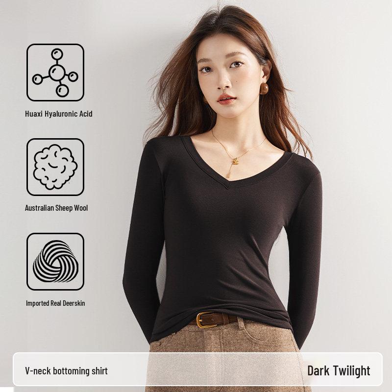 Women s Elegant Slim-Fit V-Neck Long-Sleeved Base Layer Top for Autumn/Winter L【Recommended 105-120 jin】