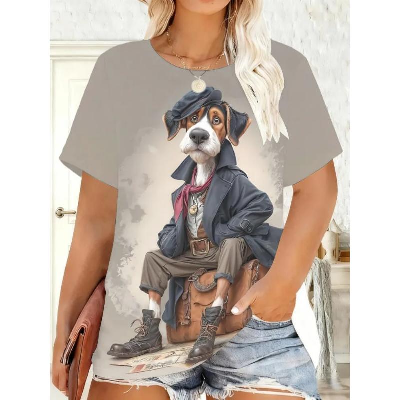 Fashion Women's Crew Neck T-Shirt 3D Color Printing Simple Crew Neck Short Sleeve Loose