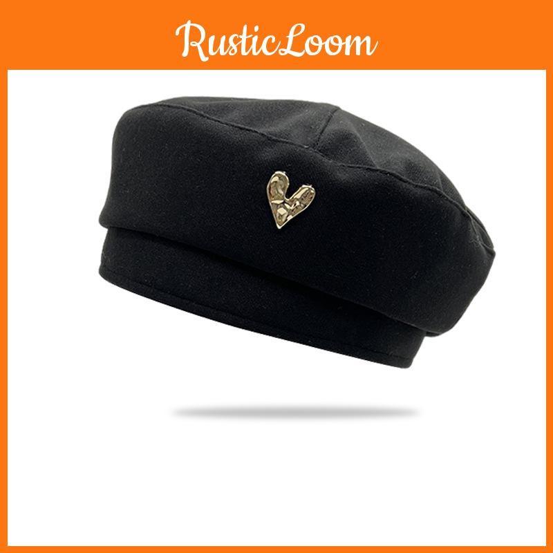 Love Metal Embellished Beret Solid Color Winter Octagonal Hat Outdoor Activities