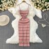 European and American Sexy Backless Sling Dress Women Summer New Elastic Striped Knitted Tight Slimming Sheath Long Dress