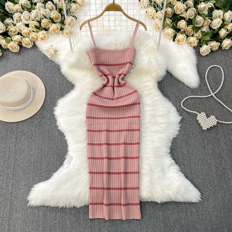 European and American Sexy Backless Sling Dress Women Summer New Elastic Striped Knitted Tight Slimming Sheath Long dress