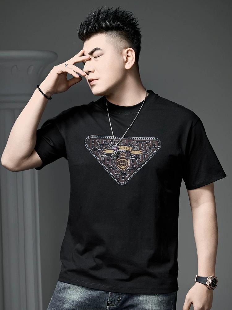 European Goods Fashion Brand High end Hot Drilling Print Short sleeve T-shirt Men's 2025 New Summer Loose Casual Half Sleeve T-shirt
