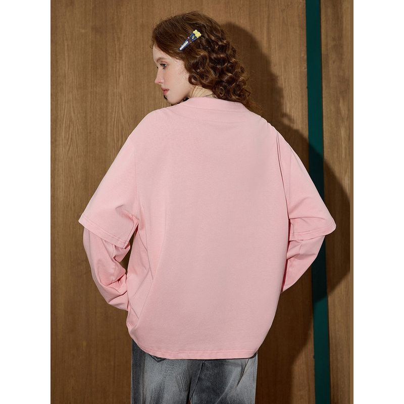 Coolhut Fake Two-Piece Printed Long-Sleeved Design, Loose Round Neck, Versatile Pure Color Autumn and Winter New Women's T-Shirt