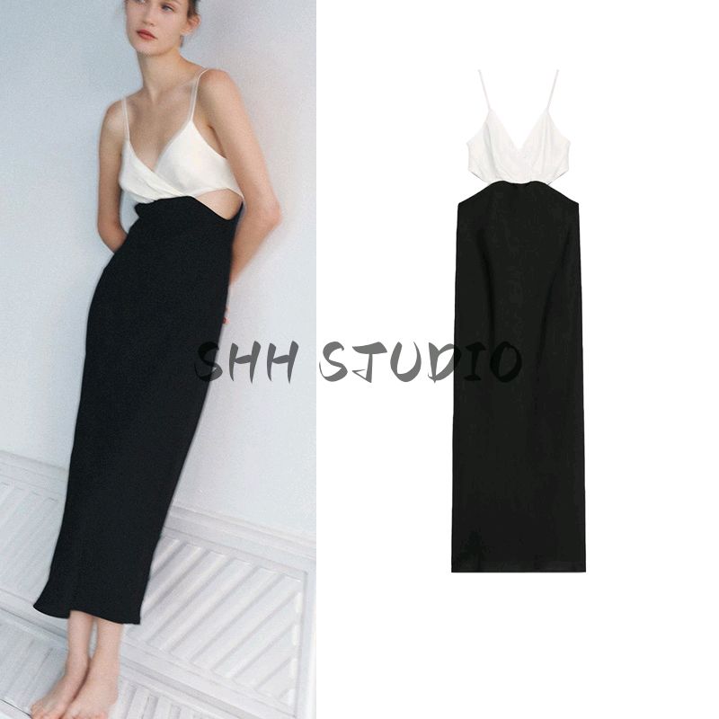 Spring New Women's Clothing French Style Silm V Neck Sleeveless Opening Design Patchwork Midi Skirt Dress 5029064