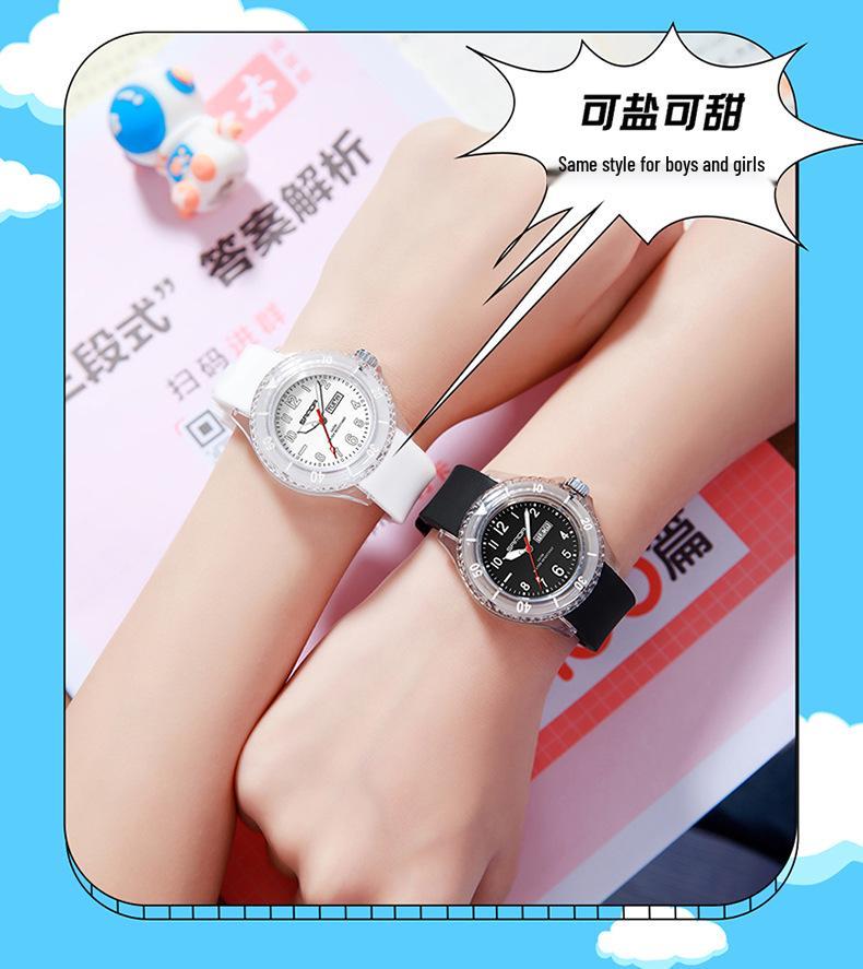 Sanda Student Sports Watch: Waterproof Quartz with Double Calendar, Transparent Case - Fashionable and Personalized for Kids.