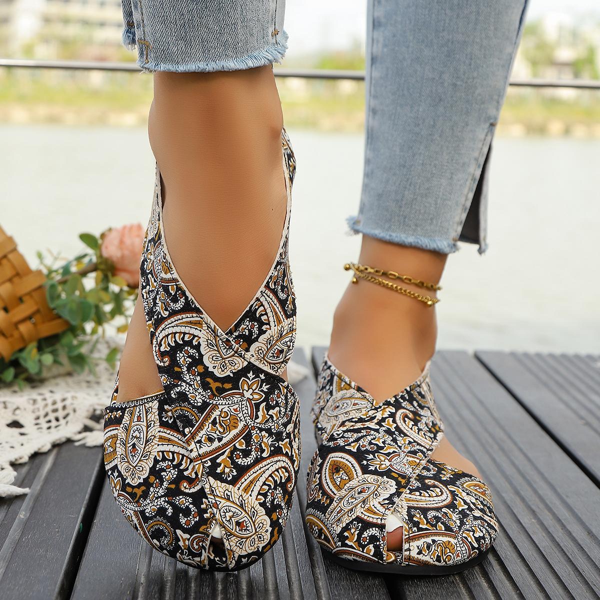 

Женские сандалии Новые летние в богемном стиле Обувь больших размеров для женщин Модные этнические принты Римский стиль Плоские сандалии Zapatos De Mujer 43