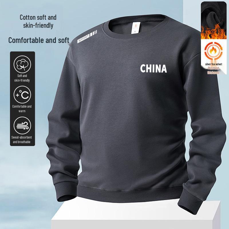 

Men s Fleece-Lined Round Neck Pullover - Autumn/Winter Long Sleeve Casual Sweater XL (recommended 115-130 catties)