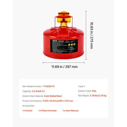 VEVOR Safety Gas Can, 9.5 L Type I Red Safety Can for Gasoline with Stainless Steel Flame Arrester, Self-Closing Lid, and PE Funnel