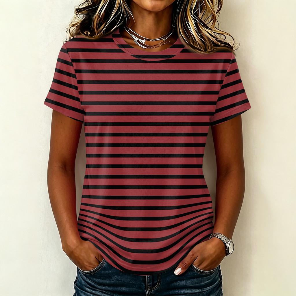 Women's Casual Crew Neck Short Sleeve Pullover T-Shirt Vertical Stripe Print Top Lightweight Soft Fabric Summer Wear
