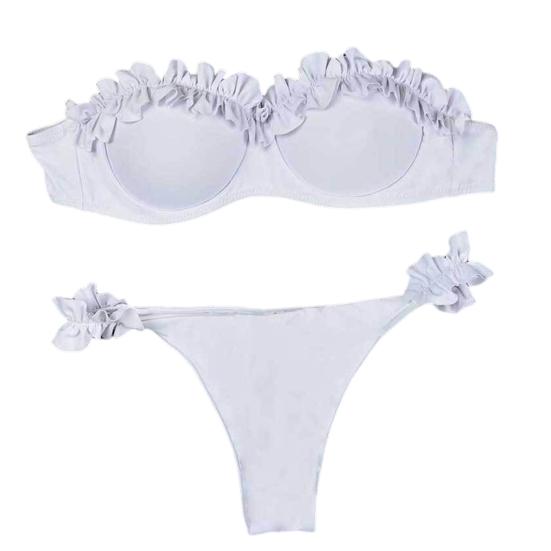 2Pcs/Set Women Bikini Set Bandeau Ruffle Trim Bra Mid-rise Briefs Set Push Up Bathing Suit