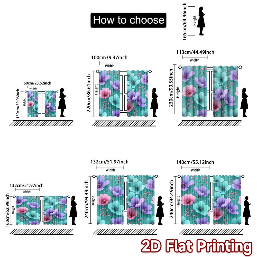2D FLAT PRINTING 2pcs Curtains (Without Rod) Floral Pattern On Teal Background Holiday April Fools Is Day Printed Curtains