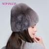 SOMALER Cappello invernale da donna in pelliccia di coniglio Rex autentico lavorato a maglia con cappuccio floreale in pelliccia di volpe argentata