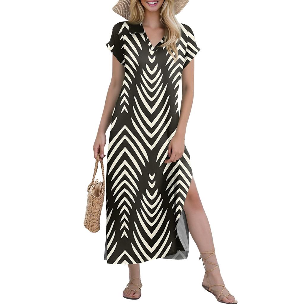 Women's Casual Comfortable V Neck Loose Hem Split Vacation Short Sleeve Floral Long Dresses