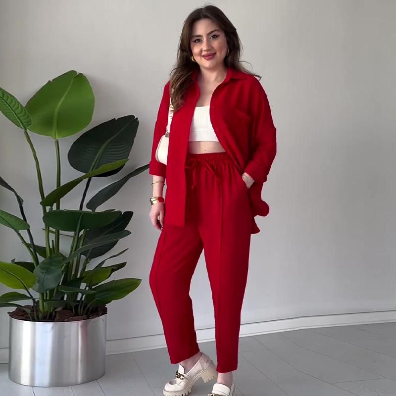 

2024 Осенний женский повседневный комплект из двух предметов однотонного цвета: Простая рубашка и длинные брюки S красный