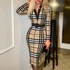 Autumn Winter Women's Fashion Plaid Print V-Neck Long Sleeve Bodycon Sexy Dress for European American Crossborder