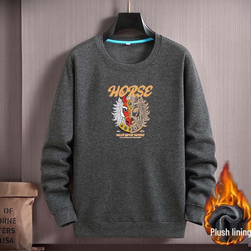 Men's Korean Style Winter Velvet Hoodie - Year of the Horse Design