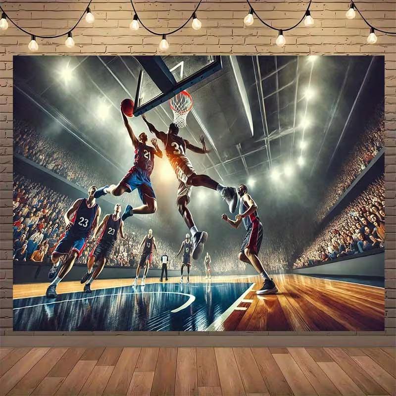 High-Energy Basketball Tapestry, Dynamic Slam Dunk Scene Under Bright Stadium Lights, Bold Sports Wall Art