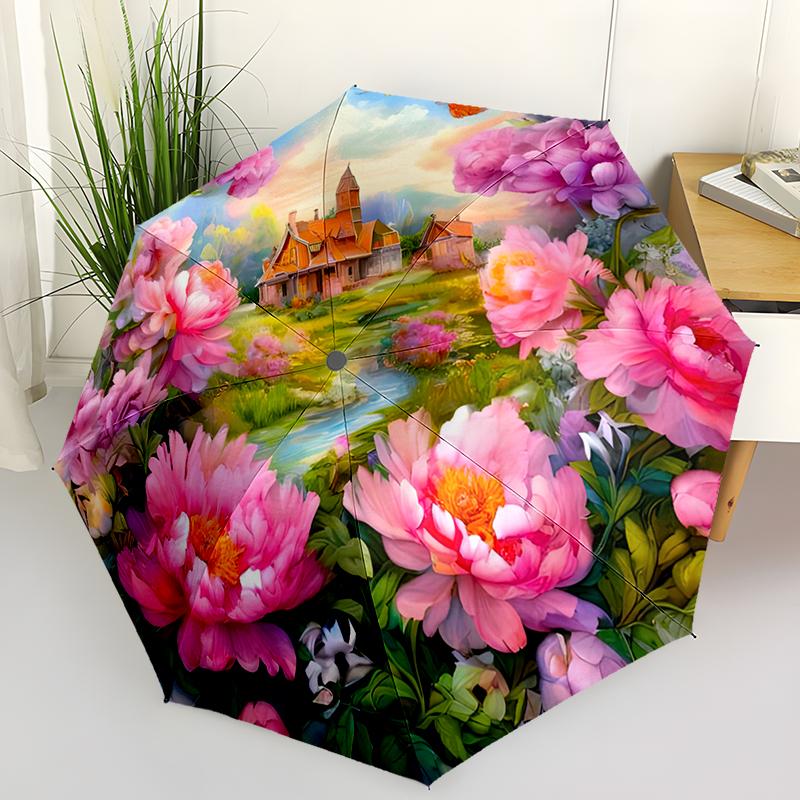 Rose Bright Flowers Automatic Umbrella, Compact Design with 8 Ribs,  Outdoor Leisure and Daily Use-ideal Gift