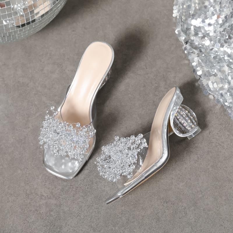 New Style Women's Water Diamond Flower Sandals with Transparent Thick Bottom Party Dress Slippers Mules High Heels Zapatos Mujer
