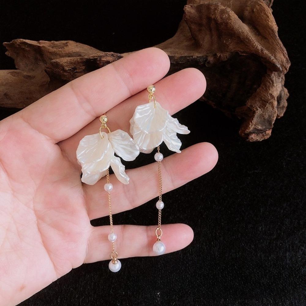 Exquisite Temperament Eternal Flower White Petals Pearl Long Tassels Dangle Earrings for Women Bride Wedding Charm Jewelry Gifts