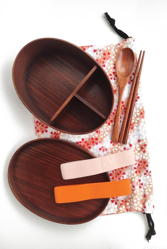 KXLCGYK Lightweight Bento 700ml Single with Cherry Blossom Drawstring Wooden Spoon and Natural Lacquer for and Students Box, Capacity, Oval, Tier,