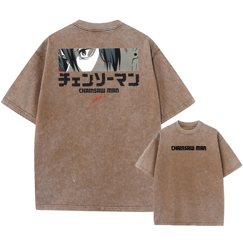 Chainsaw Man Anime Manga Koszulka Washed z Krótkim Rękawem Oversize T-Shirty Nowość Męskie Topy Streetwear z Nadrukiem
