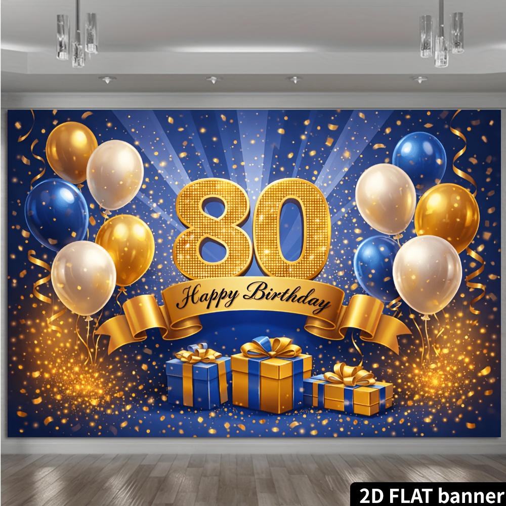 Tela de fondo temática de cumpleaños número 80 para plano 2D, diseño con efecto de luz azul marino, con decoración de purpurina de globo de regalo