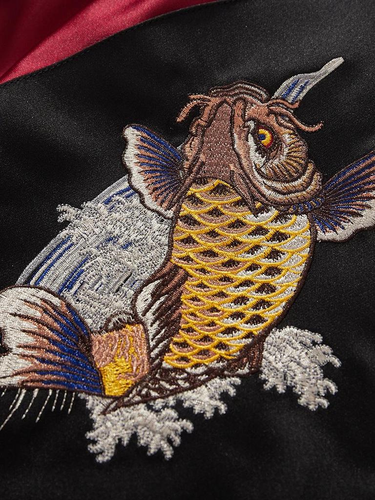 Herren Retro Baseballjacke mit Koi & Floralstickerei - Chinesischer Stil B002