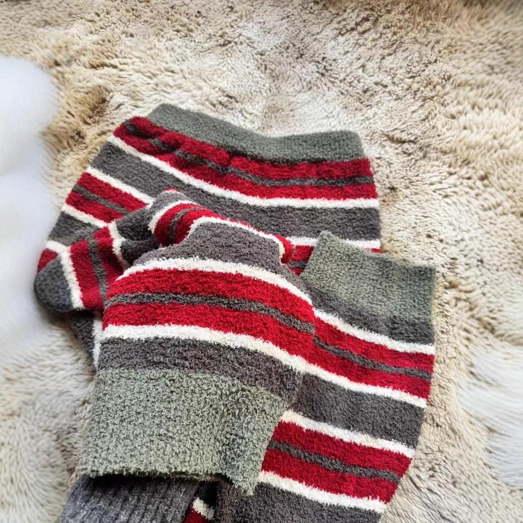 2025 Winter Women's Fluffy Velvet Pajama Set - Striped Color Block, Round Neck, Thickened for Christmas and New Year.