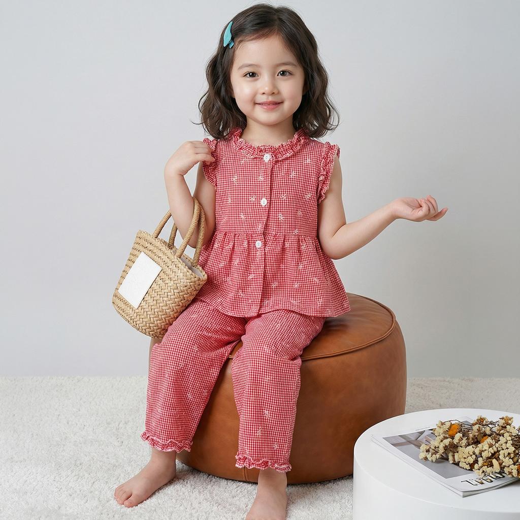 Sweet Little Girls Plaid Lace Vest Long Pants Two Piece Clothing Set