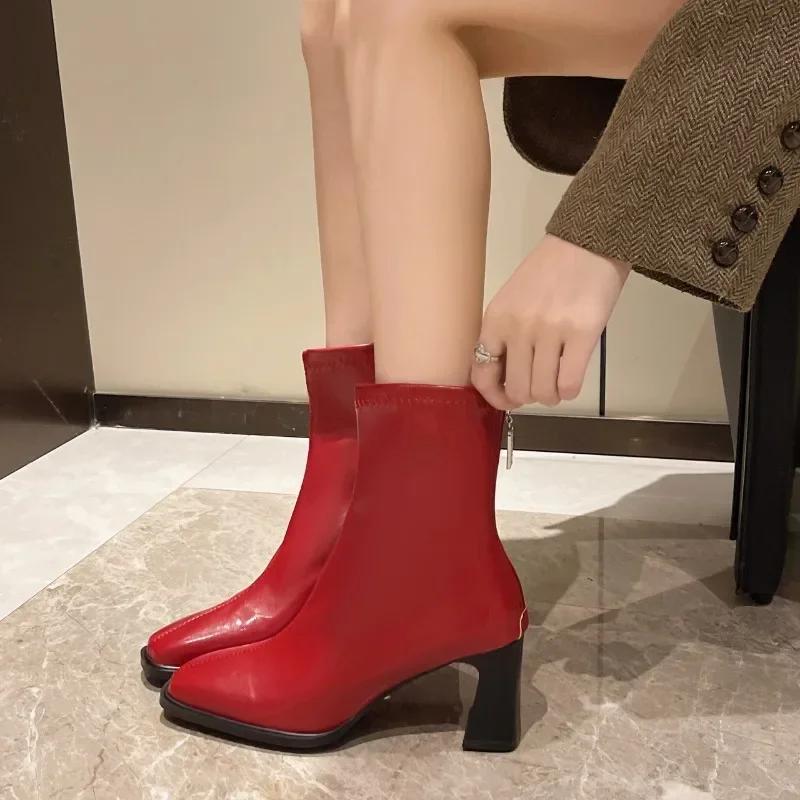 Square Toe Women Ankle Boots Thin Mid Heels Beiga/red/green Back Zipper Dress Sock Boots Woman Size 35-42 Botines Para Mujeres