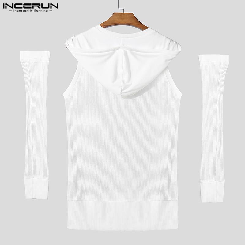 INCERUN Men V Neck Sleeveless Hooded See Through Rib Casual Tank Tops with Oversleeve