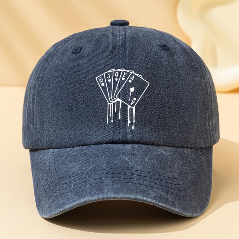 Poker Card Printed Washed Baseball Cap Versatile Classic Curved Brim Hat Suitable For Vacation, Travel, Camping And Leisure