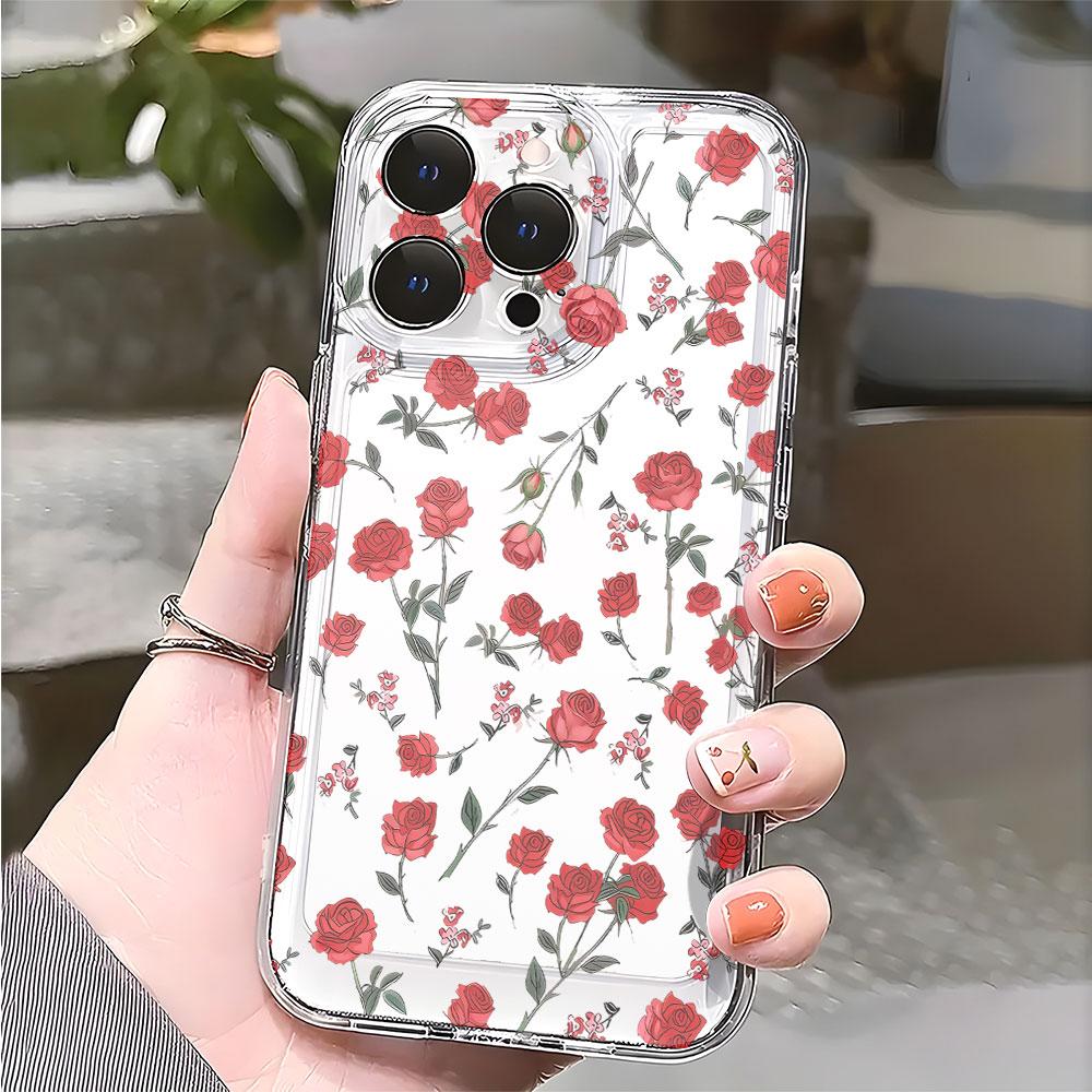 Rote Rosen Nahtloses Muster Transparenz Handyhülle für IPhone 14 15 16 13 12 11 17 Pro Max 12 13 Mini Weiche Hülle