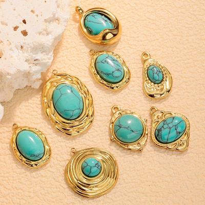 European Retro Turquoise Geometric Oval Pendant - Stainless & Titanium Steel Jewelry for Women
