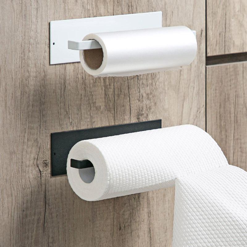 Eisen Küchenorganizer, Bohrloser Klebe-Küchenrollenhalter und Folienabroller, Wandmontiertes Regal für Schwamm, Handtuch, Utensilien