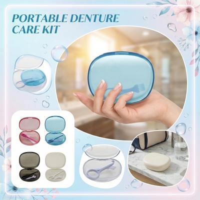 Portable Denture Cleaning Case with Brush Compact Storage Box for Denture and Orthodontic Appliance Maintenance Travel Friendly Design