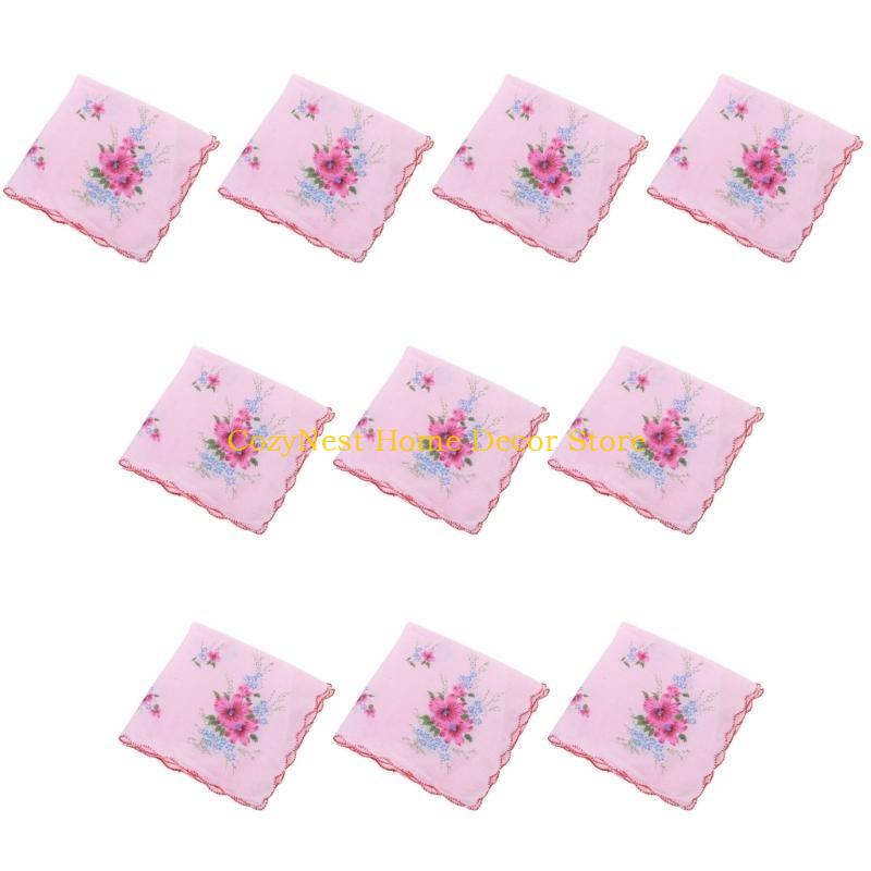 92MF 10Pcs Cotton Women Hankies Embroidered Cotton Flower Hanky Florals Cloth Handkerchief Reusable Sweat Bandana