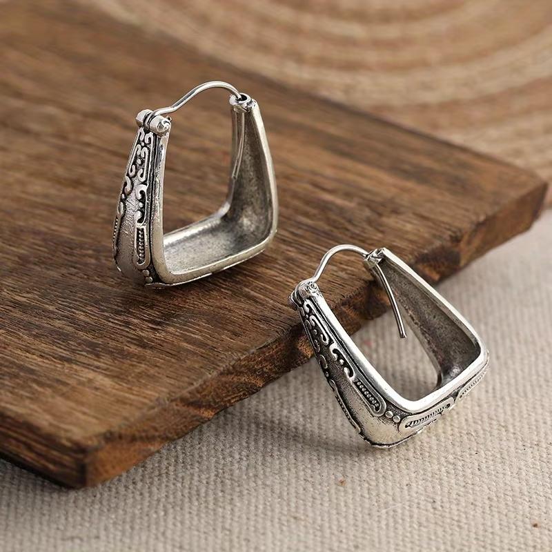 Huajie Irregular Boho Vintage Style Ancient Silver Color Hoop Earrings for Women Classic Daily Ear  Trend
