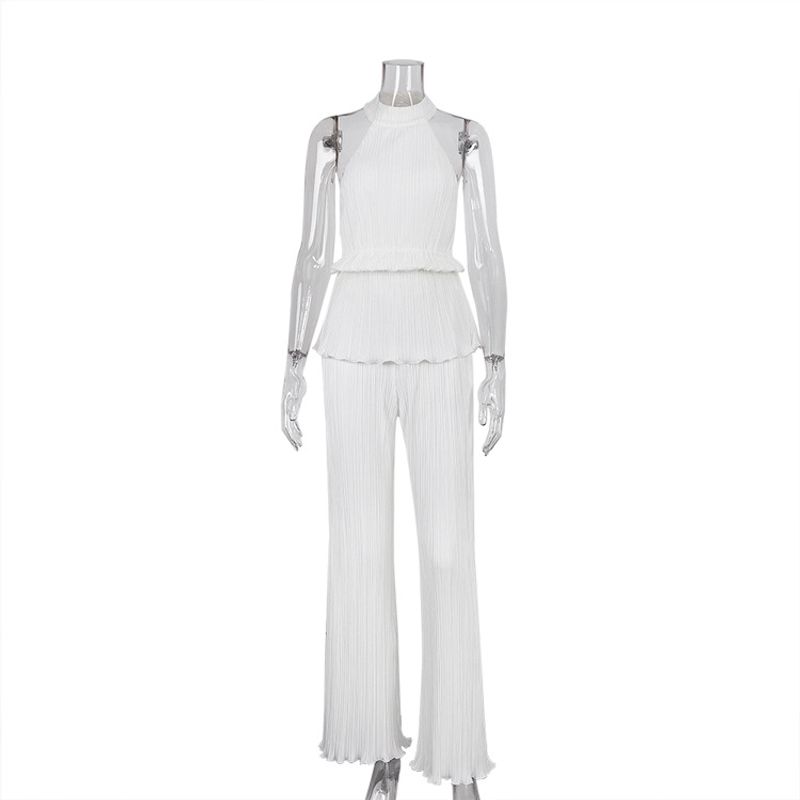 

Solid Color High Neck Long Pants Set Women Solid Turtleneck Backless Trousers Set White S