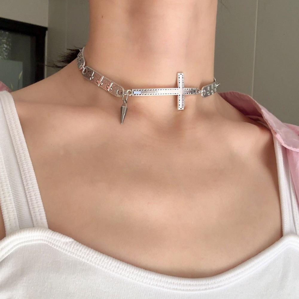 Grunge Rock Spliced Cross Necklace Punk Hip Hop Necklace Vintage Choker Necklace  Jewelry