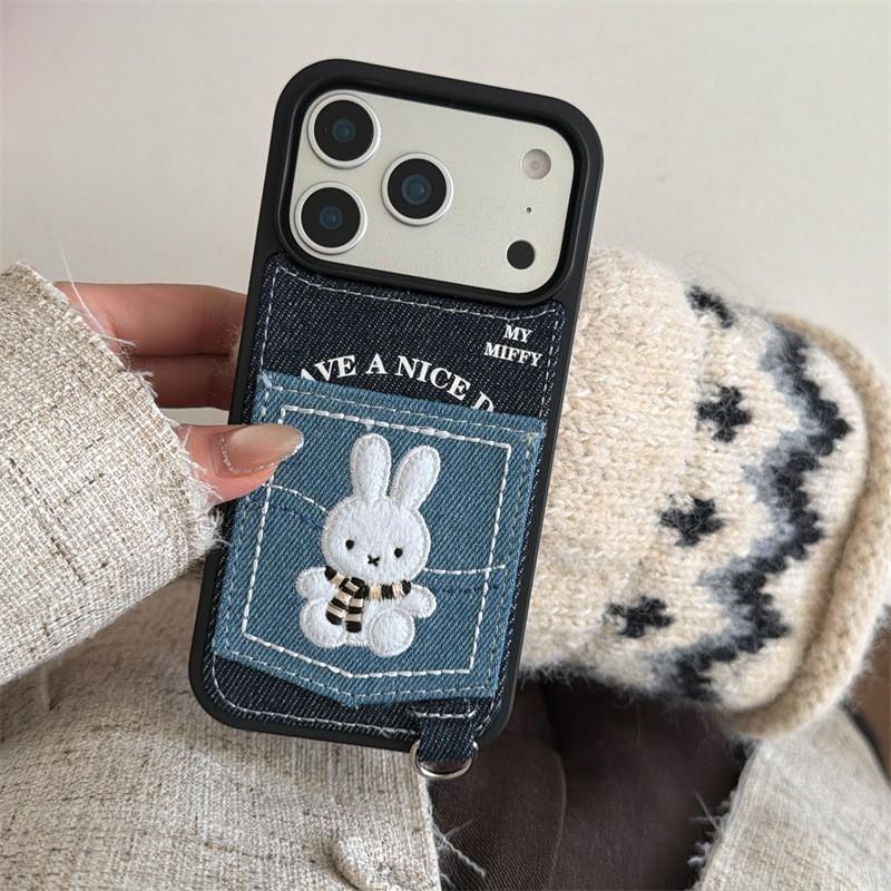 Denim Pocket Card Holder Case With Embroidered Rabbit IPhone 14 Pro Max 15 16 Soft TPU Shockproof Cover