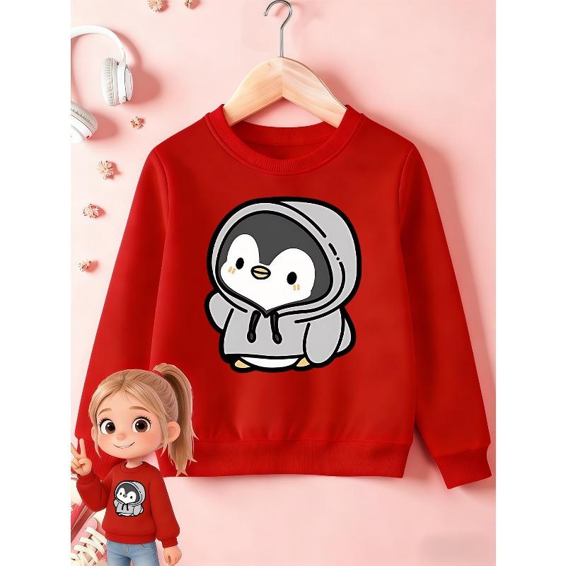 Kids Sweatshirt Print Round-Neck Sweatshirt Featuring a Cute Penguin Cartoon Design , Perfect for Everyday Casual Wear And Versatile Fashion