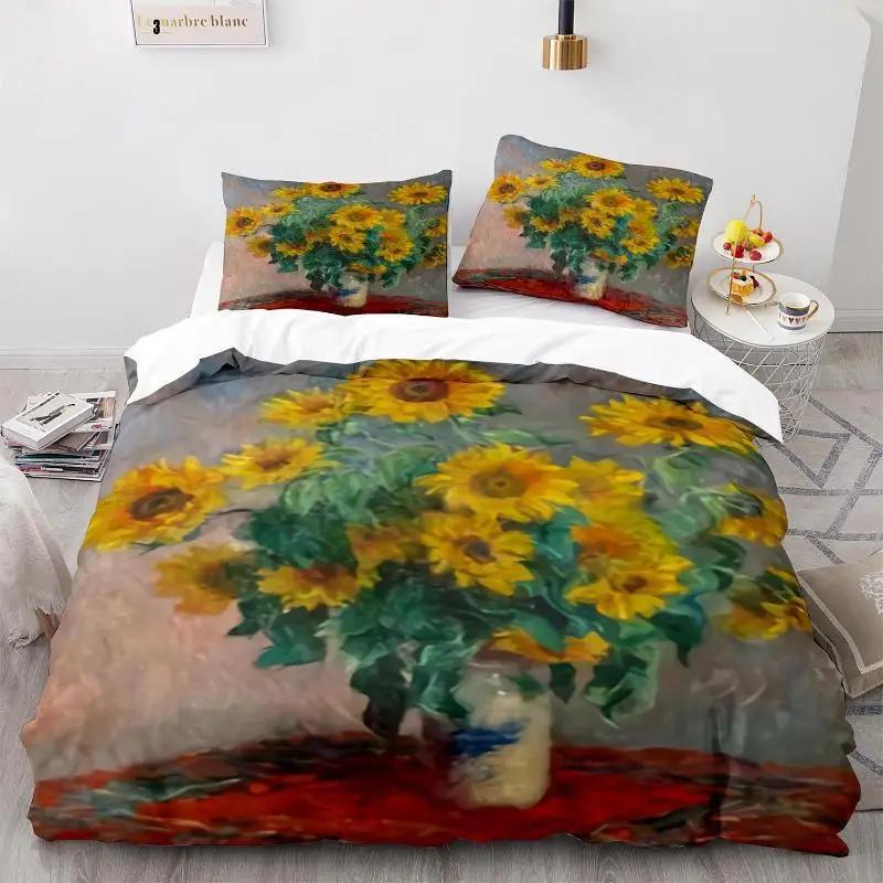 Oil Painting Duvet Cover Set Queen Blooming Sunflowers Twin Bedding Set Blue Sky White Cloud Landscape Polyester Comforter Cover