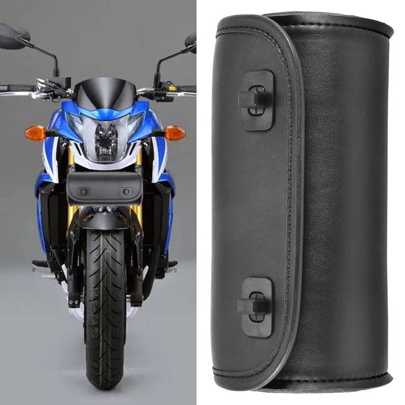 Motorcycle Fork Bag PU Leather Handlebar Tool Pouch Sissy Bar Roll Storage Bag Saddle Bag With 2 Straps, Universal