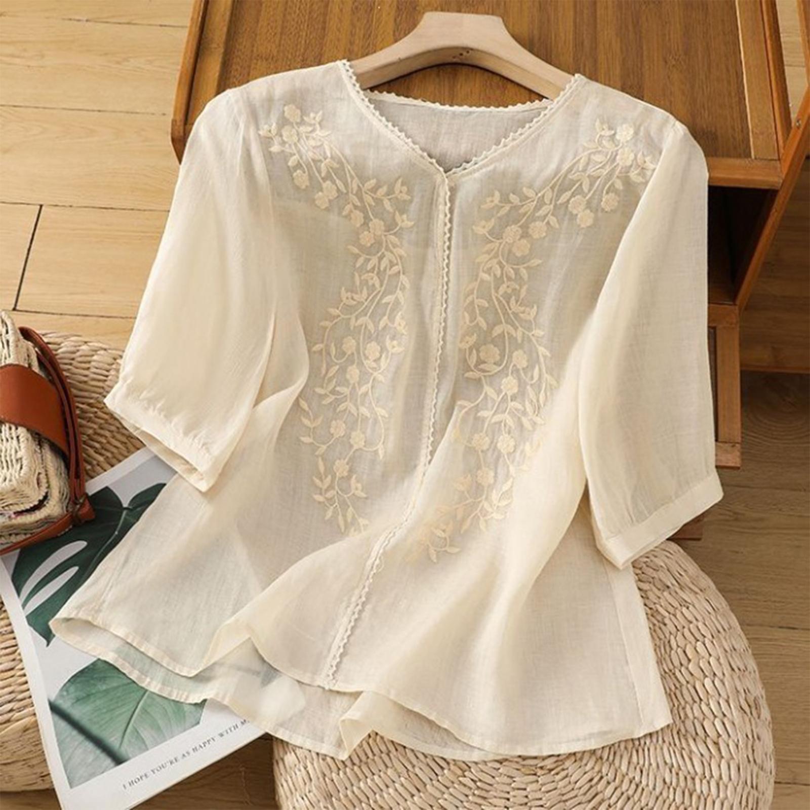 Women s Casual Fashion Pullover Short Sleeve Round Neck Embroidered Shirt Top L
